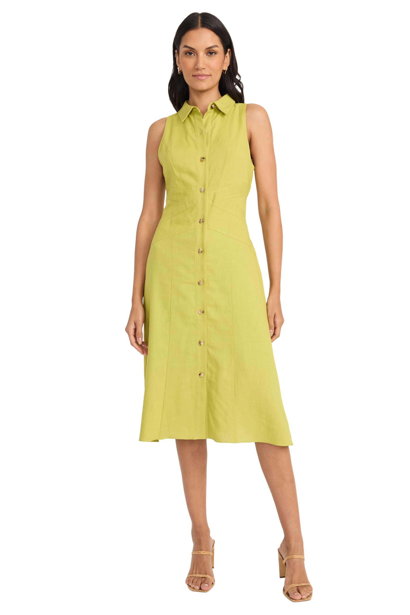 Maggy London Womens Sleeveless Button Down Linen Midi Elegant A-line Business Casual Dress