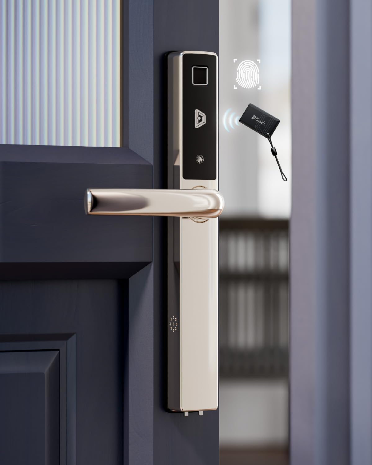 Blusafe Origin Smart Keyless Door Handle for Home Security, App Control, Key Card, Remote Lock/Unlock (Frosted Silver, OSPS)