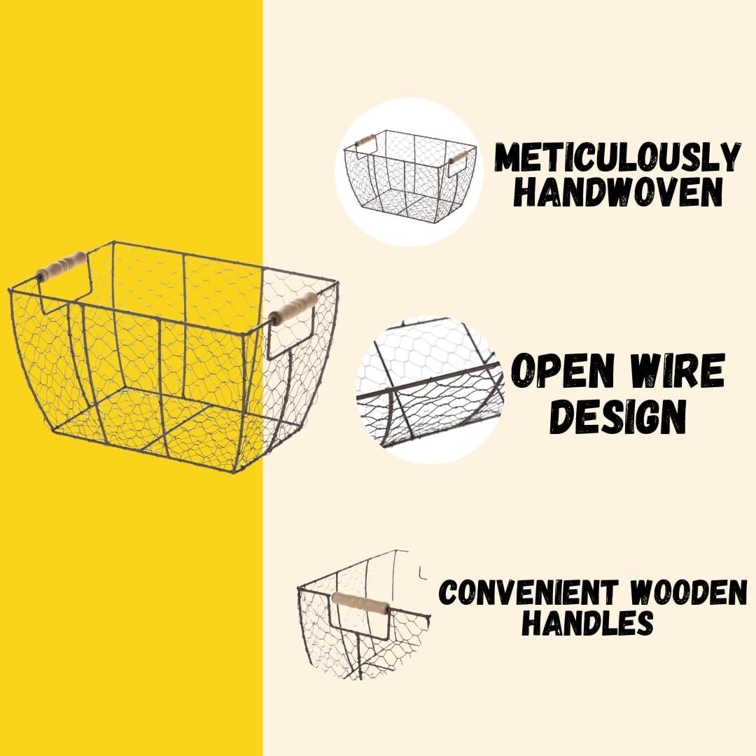 SEDLAV Rustic Farmhouse Brown Wire Basket with Wooden Handles - Vintage Chicken Wire Storage, Kitchen Organizer, Decorative Handwoven Bin for Eggs, Country Style Home Decor