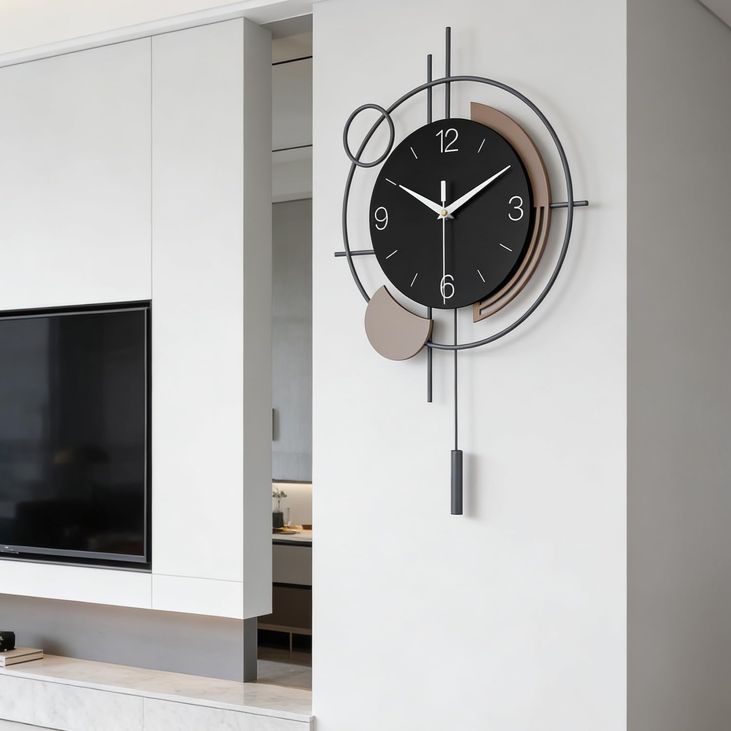 Wall Clock with Pendulum, Silent Quartz Movement Battery Operated, Metal frame&MDF Board clock face Design, Large Wall Clock for Living Room Kitchen Home Bathroom Bedroom Wall Decor,12.9x21.2IN(Black)