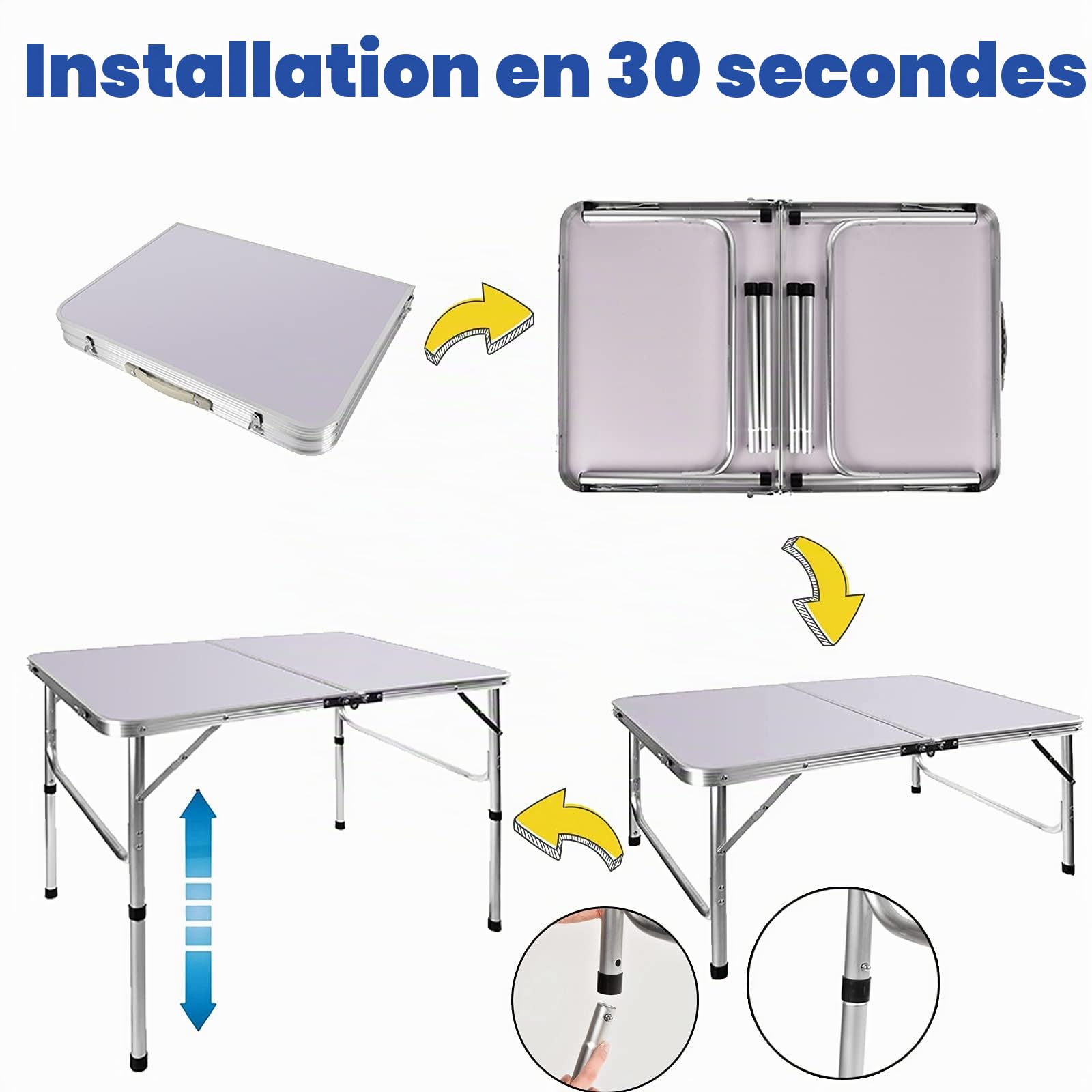 Table Pique-Nique Pliante 90x60cm, Petite Table Valise de Camping Pliante 2 Hauteur Ajustable 37/67cm, Structure Aluminium + Plateau MDF pour Repas Intérieur Extérieur Jardin BBQ et Plage