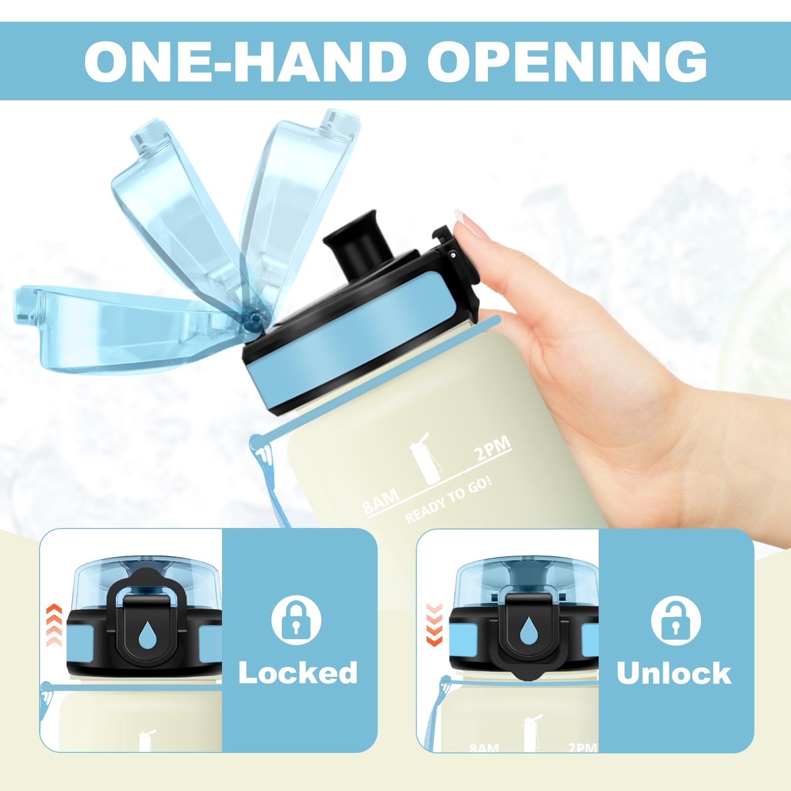 JAPORIA Borraccia 1 Litro, Bottiglia con Filtro, A Prova di Perdite, Borraccia senza BPA, Riutilizzabile, Bottiglia Motivazionale con Indicatore del Tempo, Borracce per Scuola, Ufficio, Campeggio