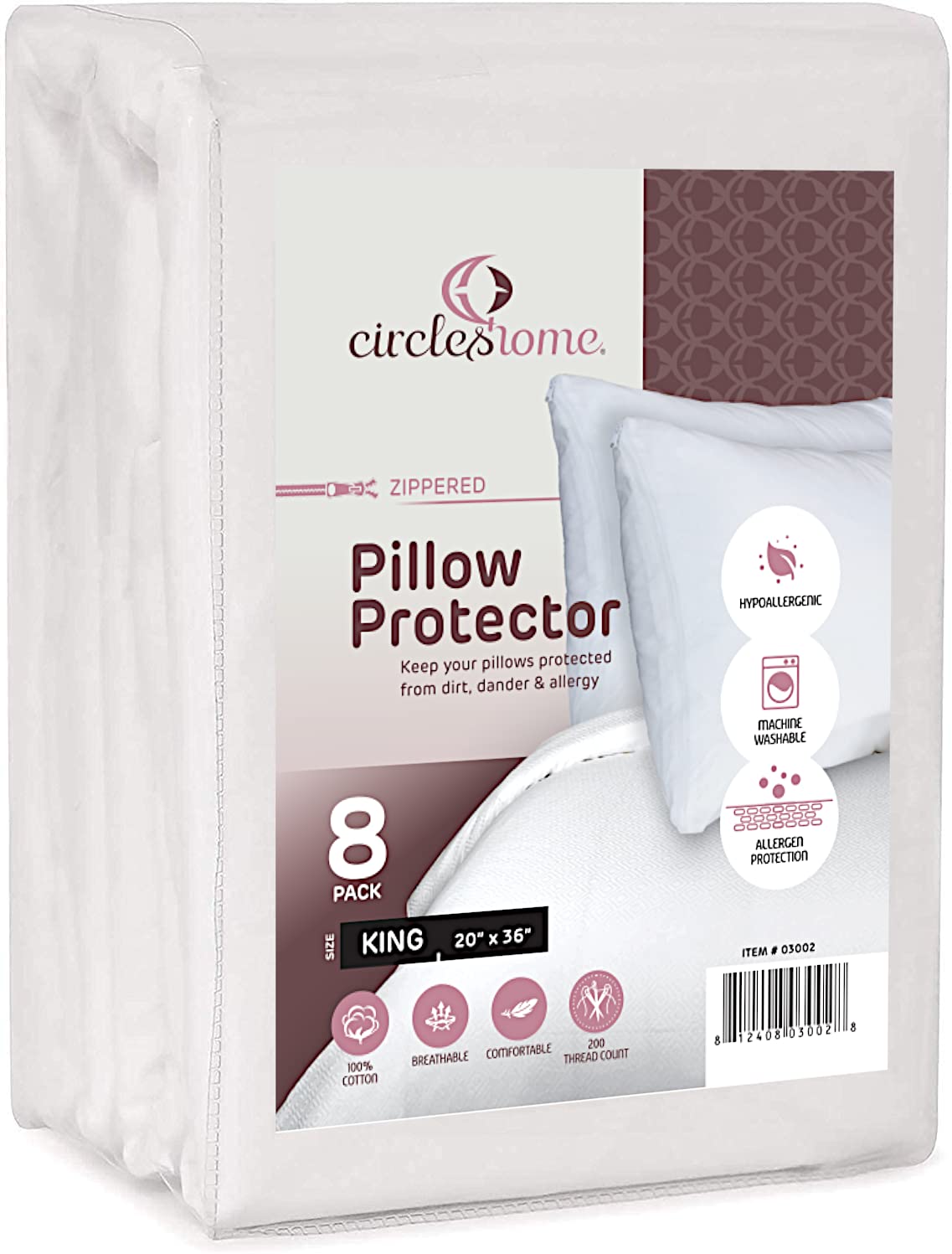 CIRCLESHOME Zippered Pillow Protectors 100% Cotton, Hypoallergenic Breathable & Quiet (8 Pack) White Pillow Covers Protects from Dirt, Dust Mites & Allergens (King - Set of 8-20x36)