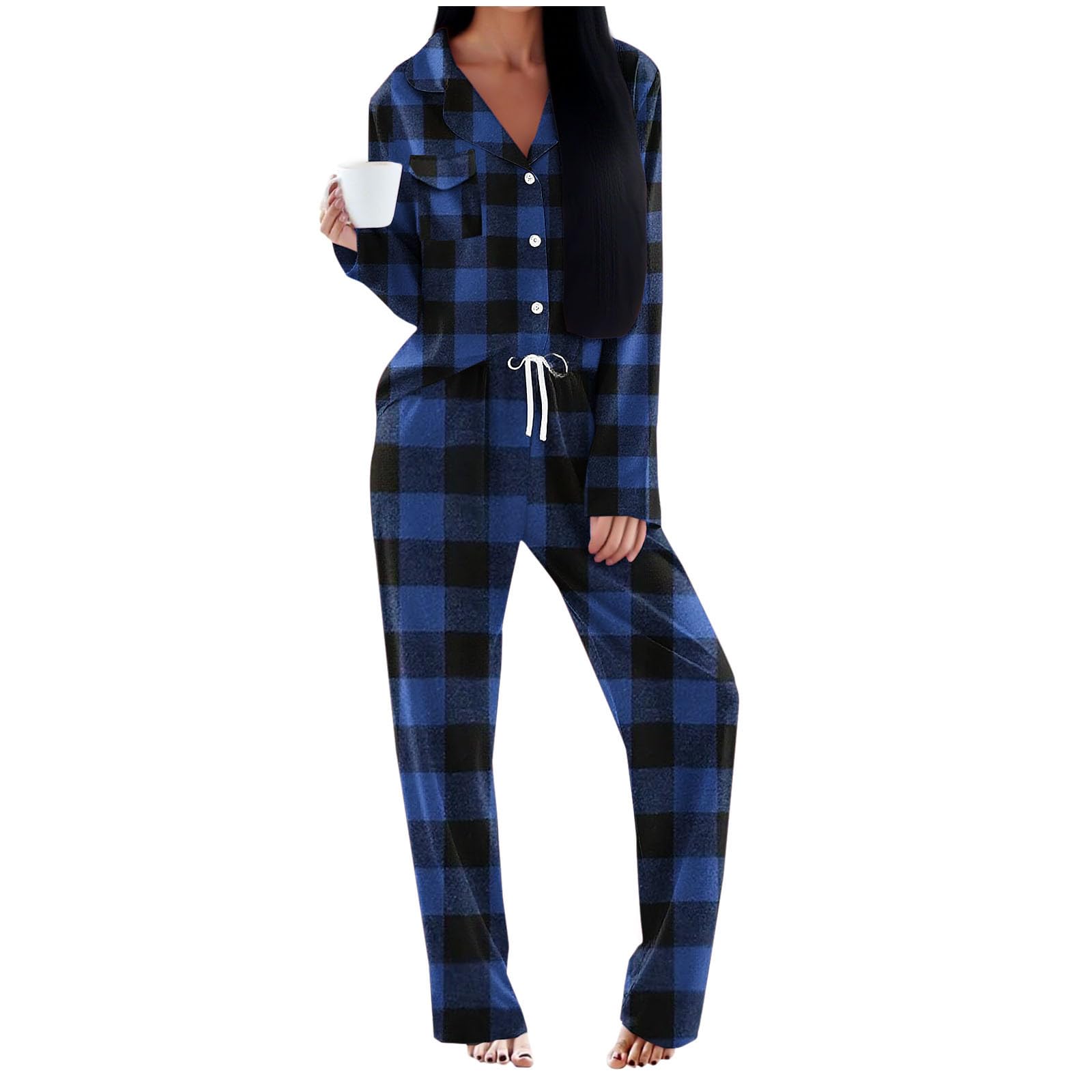 Womens Plaid Pajama Sets 2 Piece Long Sleeve Button Down Sleepwear Nightwear Soft Pjs Lounge Sets