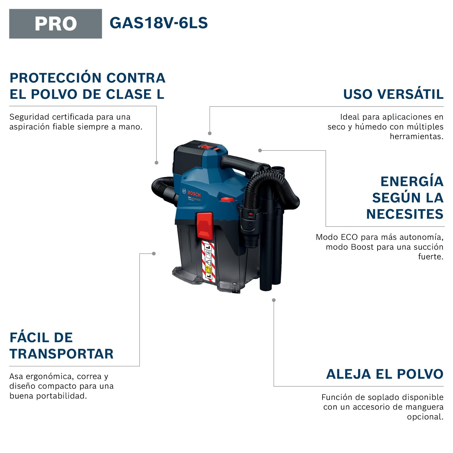 Bosch PRO 18V System Aspirador a batería GAS18V-6LS (incl. manguera flexible, tubo acodado, boquilla para hendiduras, boquilla para suelos, adaptador PT, tubos, bolsa de muletón)