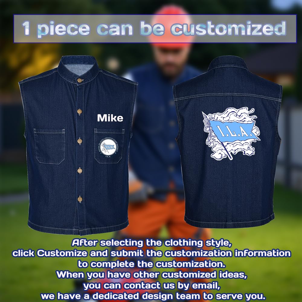 YOWESHOP Men's Reflective Safety Denim Vest?Custom Safety Outdoor Denim Work Vest with High-Visibility Stripes for Night Commute?Button Front?M,Navy blue Webbing-Green3