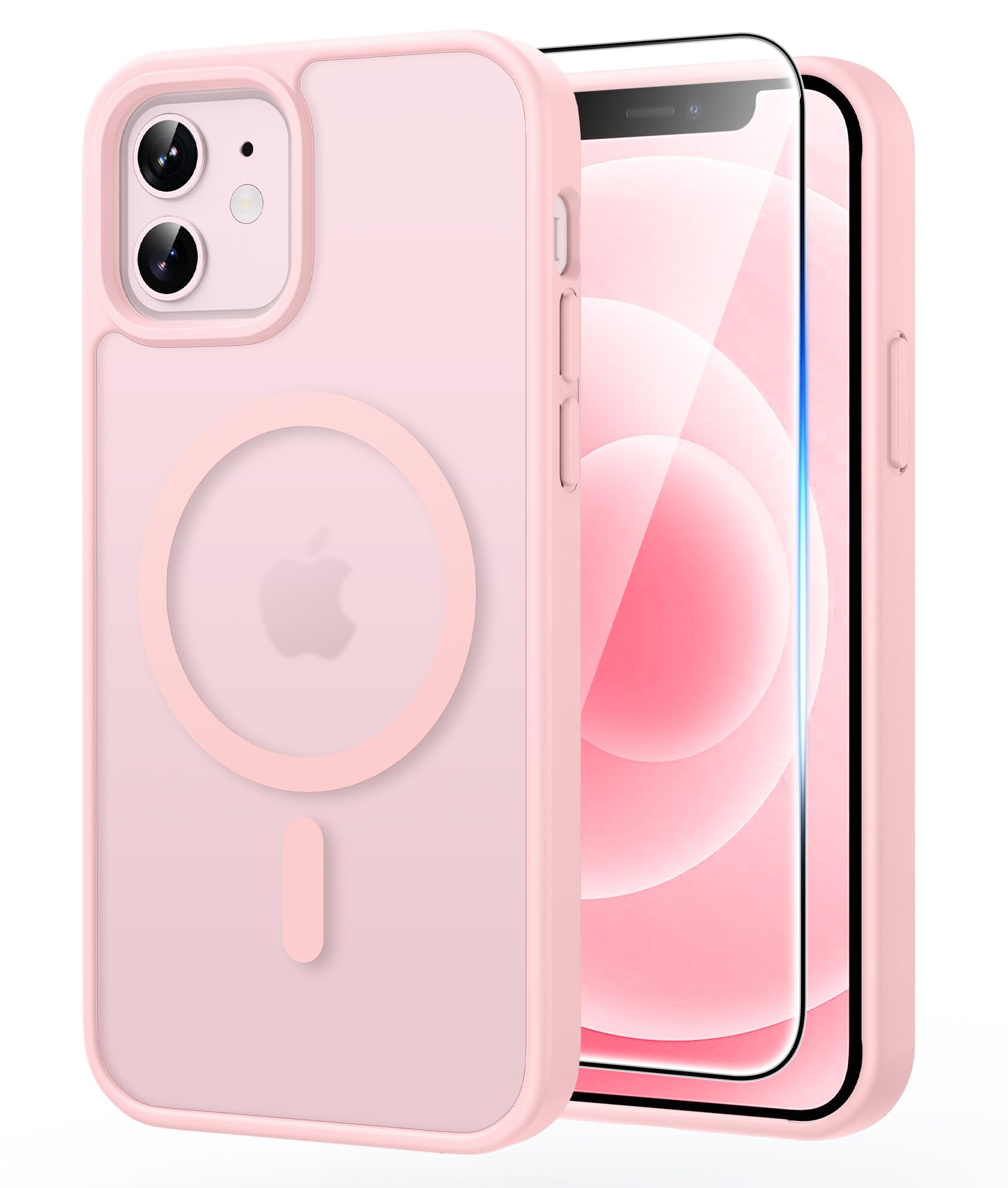 FNTCASE for iPhone 12 / iPhone 12 Pro Case Fit for MagSafe Light Pink | Translucent Magnetic Slim Shockproof Protective Cover with Screen Protector, Military Grade Drop Protection