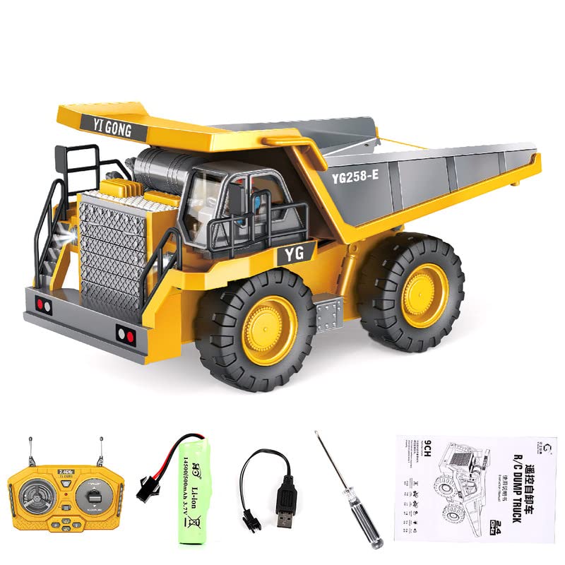 1:20 Jouet Tombereau télécommandé, 2,4GHz RC entièrement Fonctionnel Rechargeable par USB 9 canaux avec lumière et Son, Cadeau d'anniversaire pour garçons et Filles