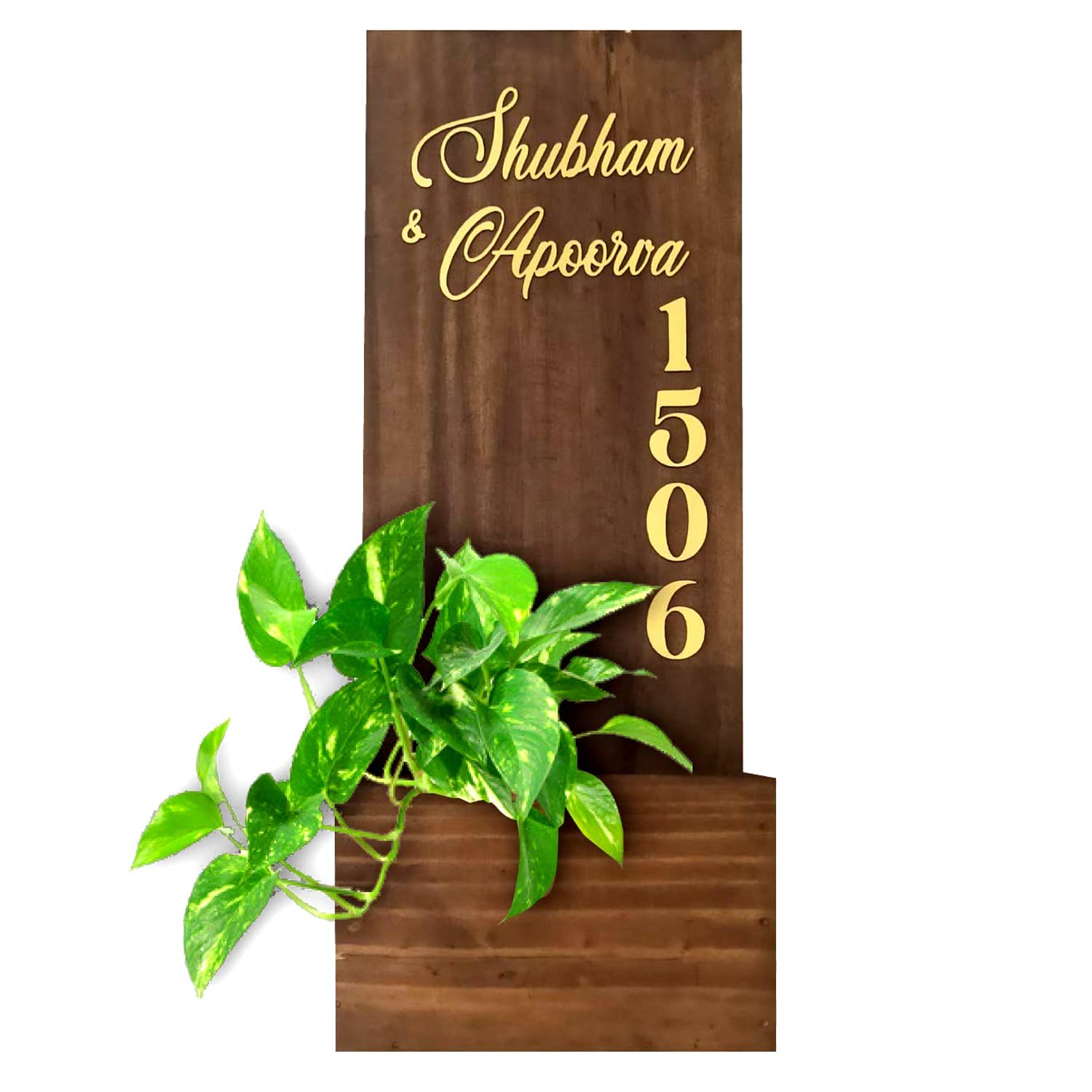 Wooden Home Door Name Plate with Golden gloss Acrylic Embossed Laser Cut Letters Name Plate with Planter Box 14 x 6 inches-image-1