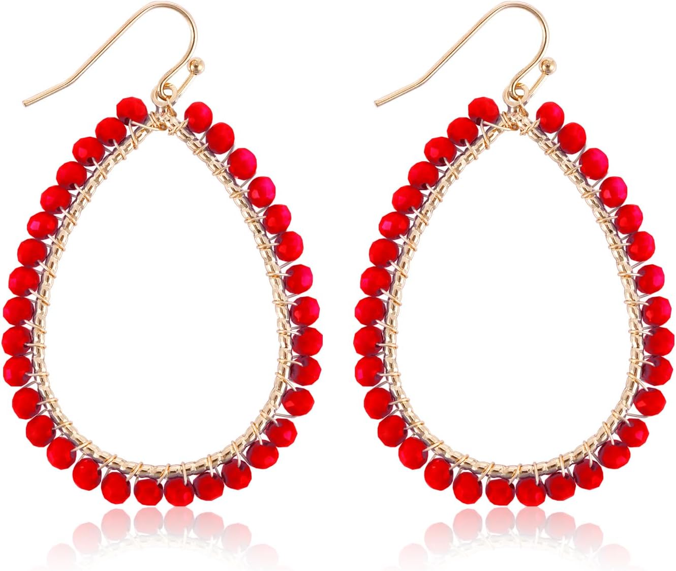 Hoop Earrings Beaded Teardrop Dangling, Sparkly Crystal Summer Earrings Personalized Earrings Beaded Statement Earrings Bohemian Accessories Gifts for Women (Red)