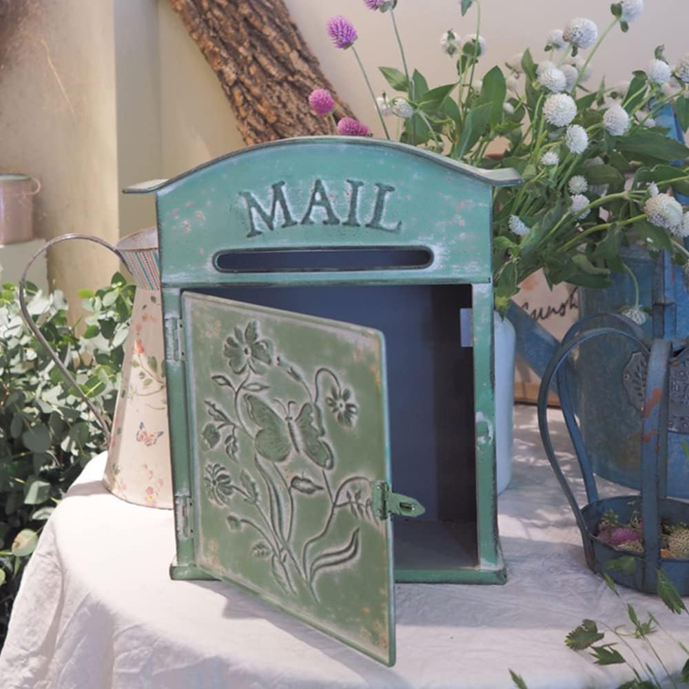 Vintage Wall Mount Mailbox,Distressed Green Post Mail Box Decoration