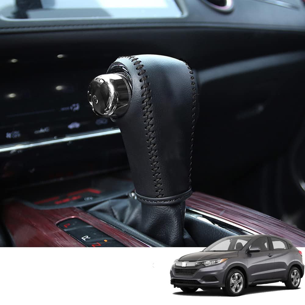 Great-luck Genuine Leather Automatic at Gear Shift Knob Cover Protector Trim,the car Interior Accessories(Black Stitches) for Honda HR-V(2016 0217 2018 2019 2020 2021 2022)