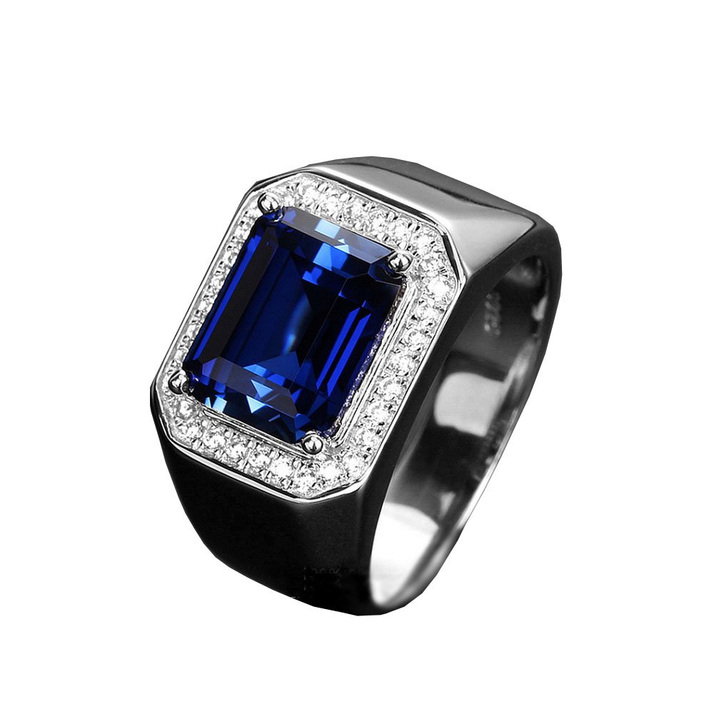 nice--buy Men‘s Sapphire Ring with Side Diamonds Blue Corundum 925 Sterling Silver Cuff Open End Size Adjustable (Stone), 925 Sterling Silver,Metal