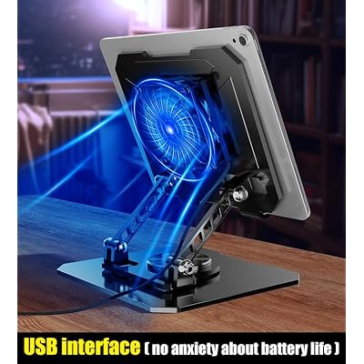 360° Rotating Tablet Desk Stand with USB Cooler Carbon Steel Frame Dual Rod Mount for iPad Pro 13 12 11 Air Mini 5 4 3 Samsung Tab E-Reader (Black with Built-in