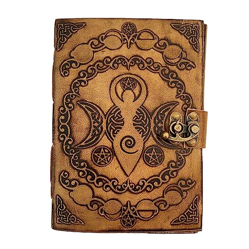 Triple Moon Goddess Leather Journal Pentagram Embossed Witchcraft Diary, Recycled Paper Grimoire Organizer Sketchbook Office Notebook, Handmade Travel Planner Book of Shadows for Women 5 x 7 inch