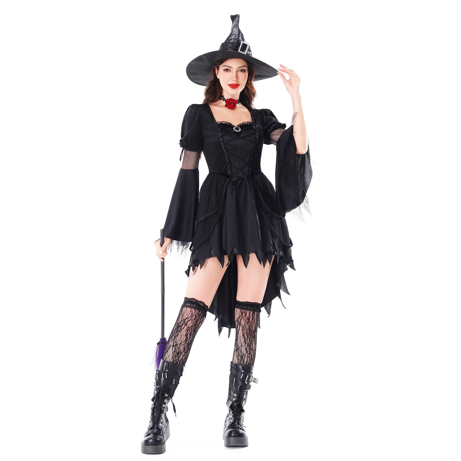 Vestido Gótico Mujer Terciopelo Volantes Encaje Falda Amplia Manga Larga Campana Vestido de Fiesta Temático Halloween Disponible Temporada Época Renacimiento con Cinturón Corsé Ajustable Ancho Retro