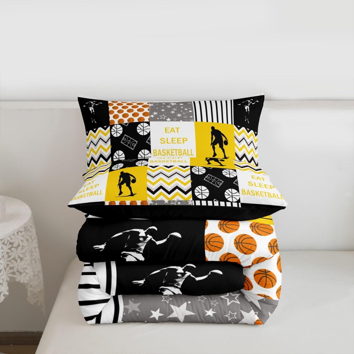 Boys Basketball Duvet Insert, Eat Sleep Basketball Comforter Set Queen Size Yellow Sports Games Quilt For Kids Girls Teens Adult Bedroom, Geometric Grid Checkered Down Comforter, Grey Black White
