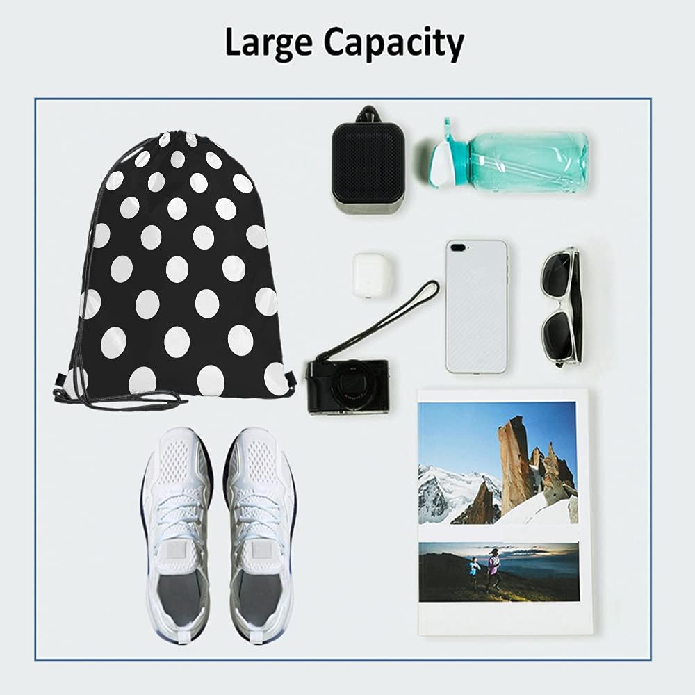 White Polka Dots Drawstring Bags Backpack Bag Big Circle Black Retro Background Simple Texture Fashion Print Sport Gym Sack Drawstring Bag String Bag Yoga Bag for Men Women