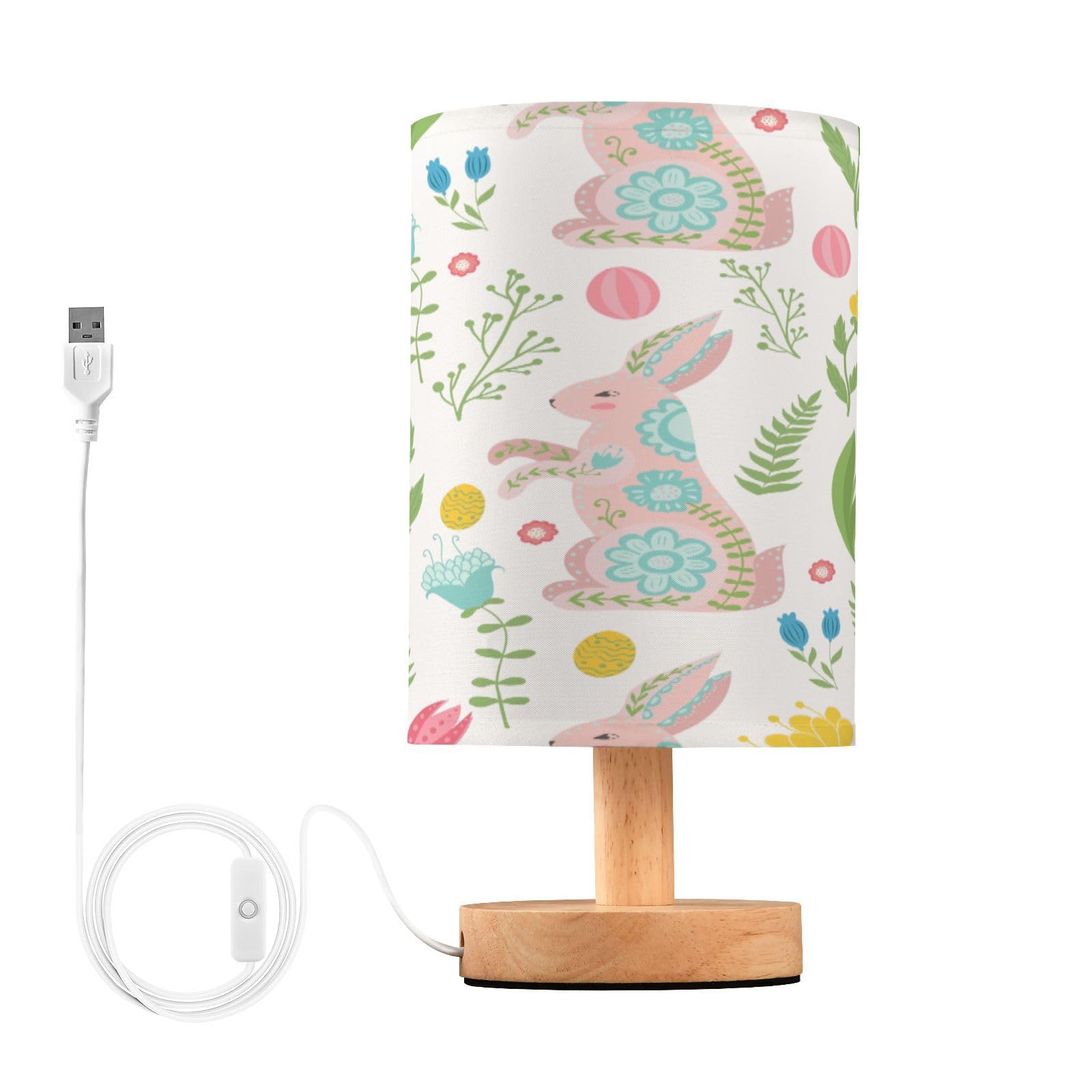 SDMKA Cute Easter Pattern Bedside Table Lamp for Bedroom, Minimalist Nightstand Lamp with Round Fabric Shade for Living Room, Office, No Bulb Required