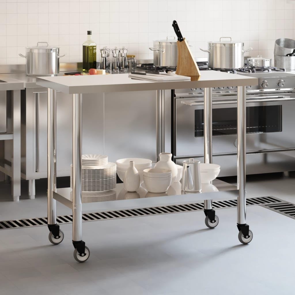 Mangloder Mesa de trabajo de cocina con ruedas de acero inoxidable 110 x 55 x 85 cm, mesa de trabajo duradera para gastronomía, restaurante, catering, aperitivo, cantina, hotel, bar, bistró, con