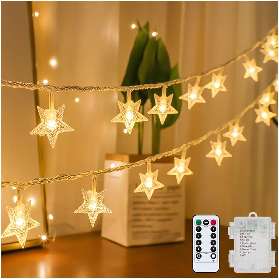 Star String Lights Battery Operated Waterproof 40 LED 20 FT Star Fairy String Lights with Remote Control for Home, Party, Christmas, Wedding, Garden Decoration, Warm White