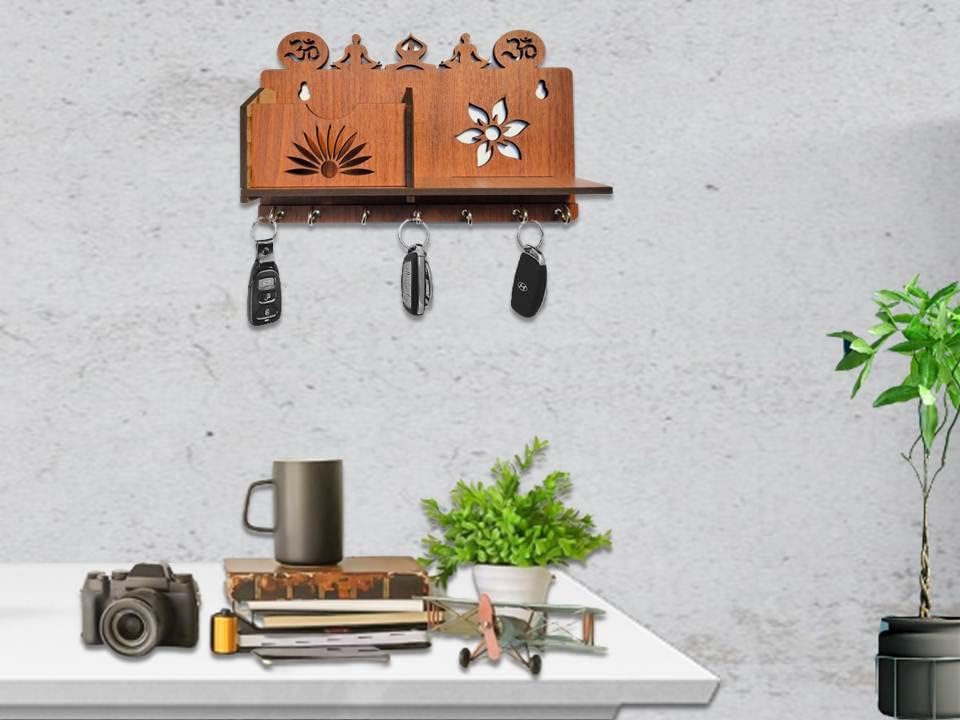 Image of OM Yoga Design MDF Wood Wall Mounted Key Holders Mobile Stand for Wall Decor Wooden Keys Hanger Stylish Hook Stand Key Organizer for Home Decor, Office Decor Key Chain Holders for Wall