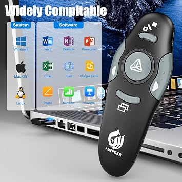 AMERTEER Presentation Clicker Wireless Presenter Remote Clicker for PowerPoint Presentations with Red Pointer, PowerPoint Clicker Slide Advancer for Mac/Windows/Google Slide/PPT.