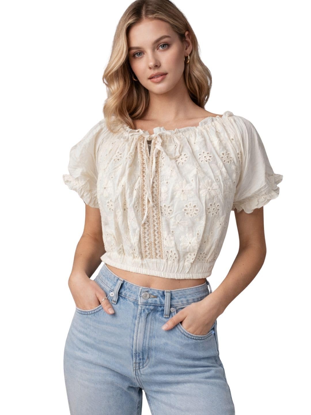 Women Off-White Embroidered Crop Top Off Shoulder Short Sleeve Casual Summer Blouse Fashion Wear-picture-41