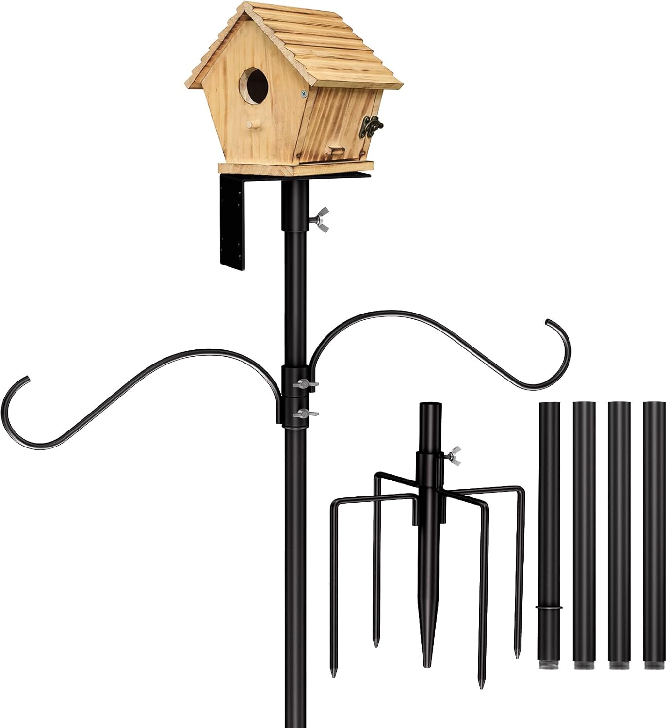 Bird House Pole Kit 80inch - Universal Metal Bird Feeders Pole Mount Set with 5-Prongs Base and 2 Hanging Arms, Feeding Station for Watching, Plant Hanger