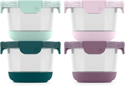 Ello Duraglass Refresh - Paquete de 4 recipientes de vidrio reutilizables de 2 tazas con tapas a prueba de fugas y fundas protectoras de silicona,