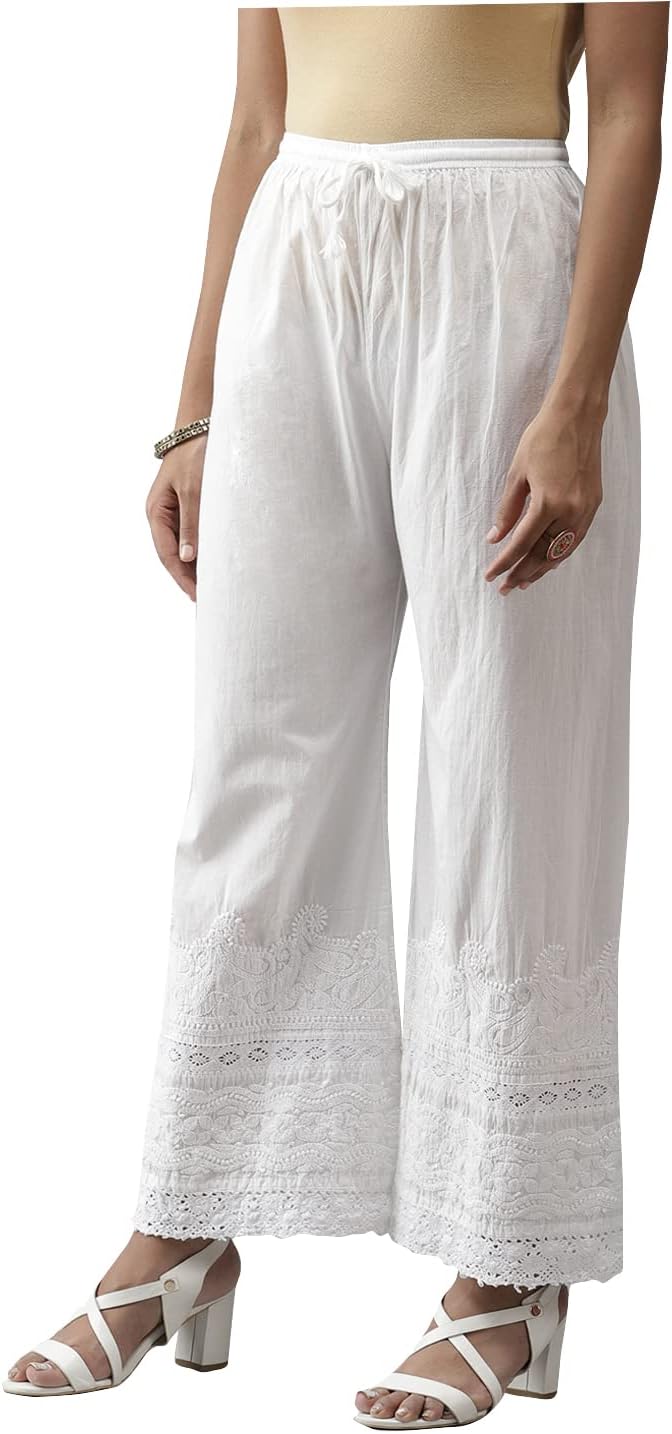 Ada Indian Hand Embroidered Chikankari White Cotton Palazzo Pant for Women A711142 - Image 3