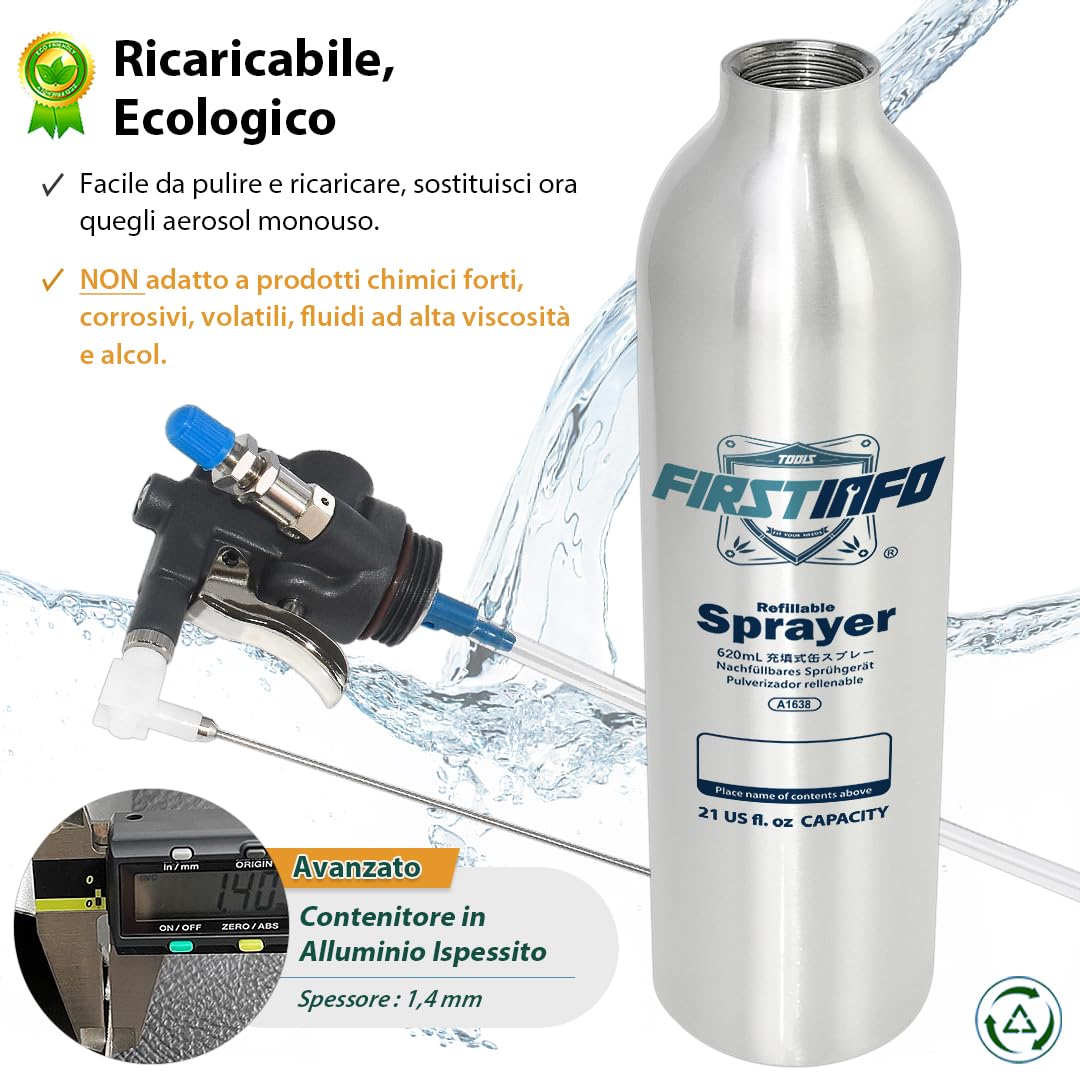 FIRSTINFO A1638 | Bottiglia spray riutilizzabile per pulitore freni 620 ml | Alluminio | Spruzzatore a pressione max 140 psi | Bomboletta aerosol spessa | Ugello two-way