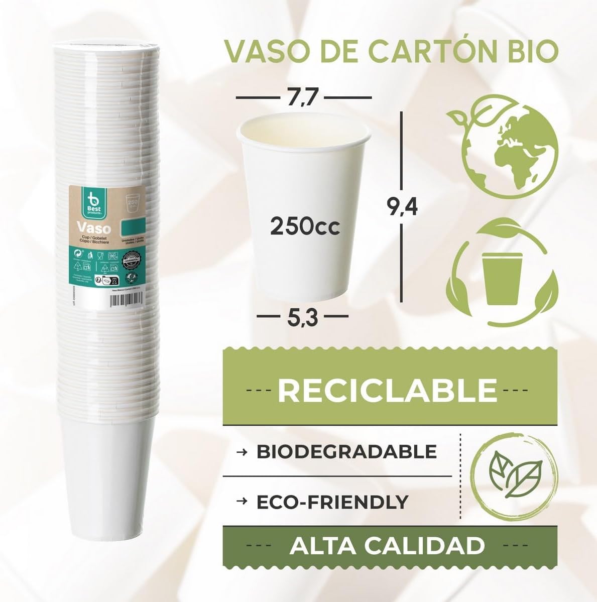 BEST PRODUCTS 400 vasos desechables café 250cc de cartón antifugas, biodegradables, compostables, reciclables, para café, agua, infusiones, bebidas frías y calientes para fiestas y eventos.