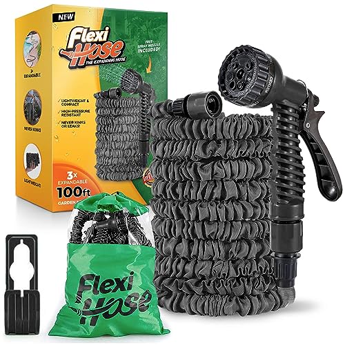 Flexi Hose Expandable Garden Hose - 100FT Heavy Duty Water Hose, Retractable Hose with 3/4-Inch Solid Brass Fittings - Expandable Hose Design & Spray Nozzle Included - Black, 30 Metres