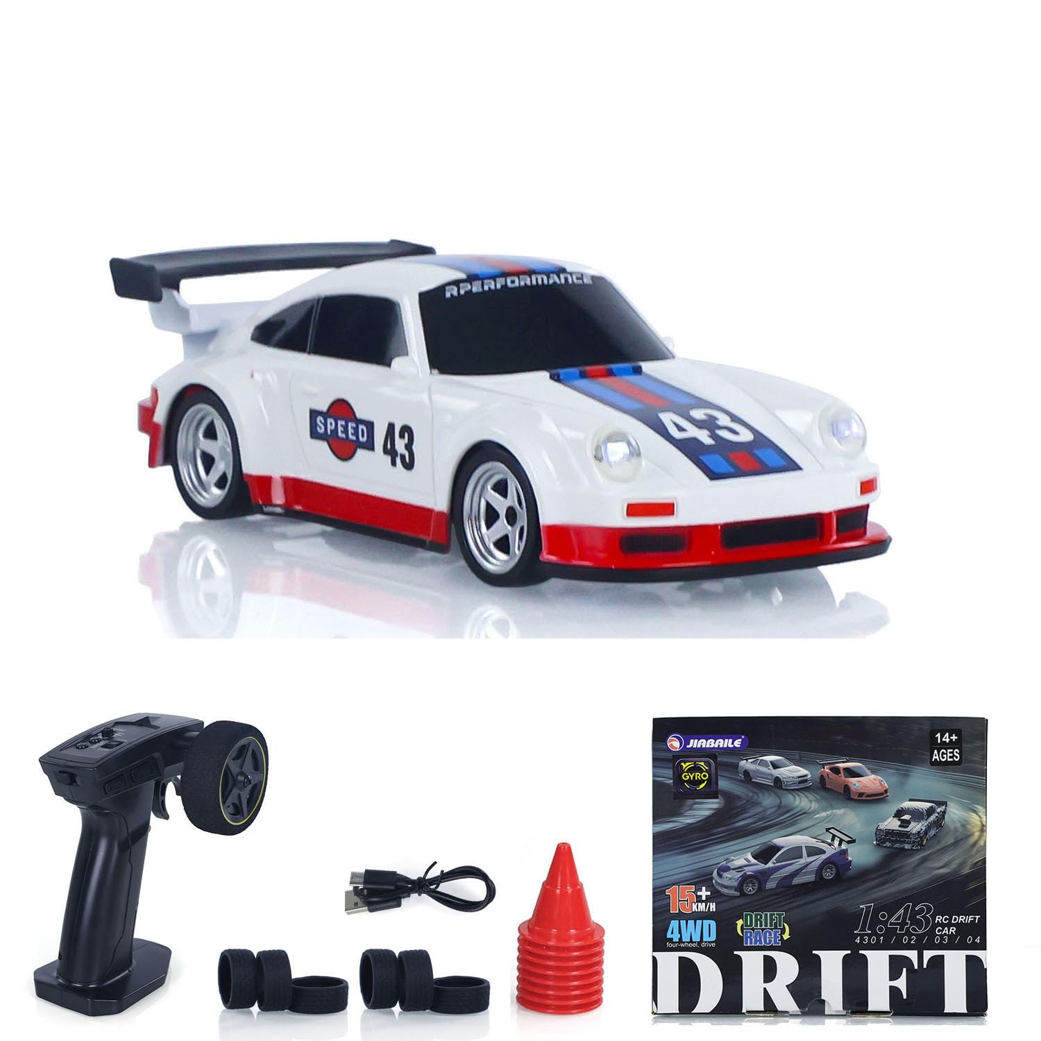 wheelfun JBL 1/43 High-Speed 2.4 GHz Mini RC Drift Car with All-Wheel Drive Motor Electronic Speed Controller ESC Servo Motor Lighting Battery Charging Cable Gyroscope Ready to Use Racing Car Model
