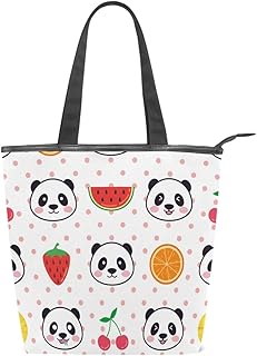 Borsa a secchiello da donna, in tela, motivo: panda con frutta, colore: ciliegia, arancione, grande, per scuola, viaggi, palestra, uso quotidiano