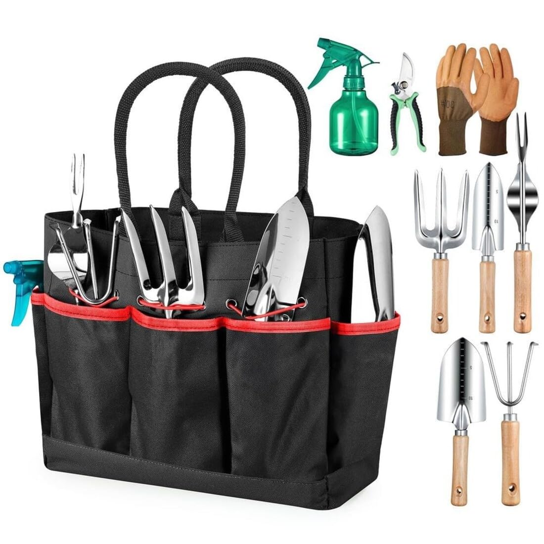 Ensemble d'outils de Jardin 9 pièces, Outils de Jardinage Robustes avec Sac à Main Organisateur Tendance, Cadeaux de Jardinage (Rouge Noir) 042SA10-428D