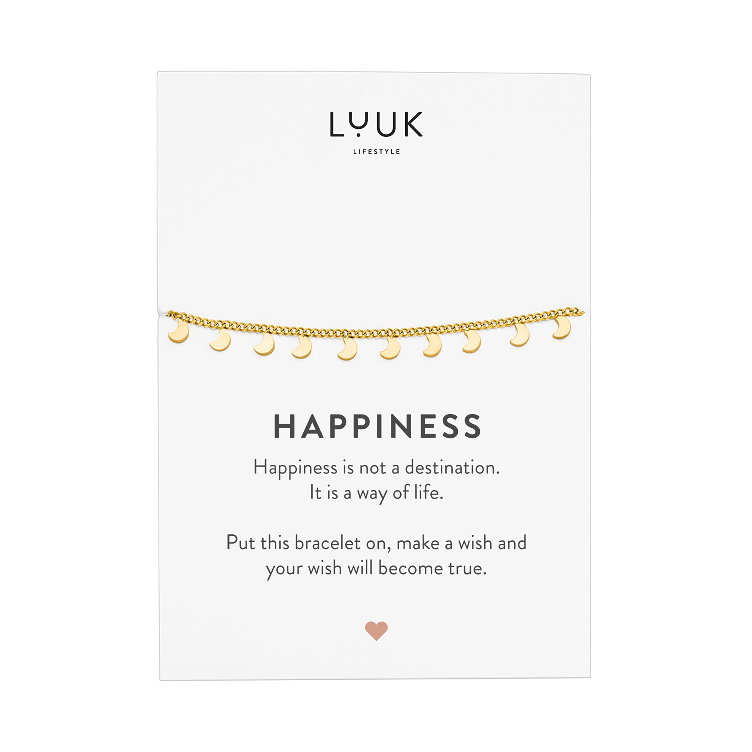 LUUK LIFESTYLE Pulseras de acero inoxidable con colgante y tarjeta HAPPINESS, joyas para mujeres, idea de regalo minimalista, amuleto de buena suerte, colores dorado, plateado y gold rosé Certificado ClimatePartner