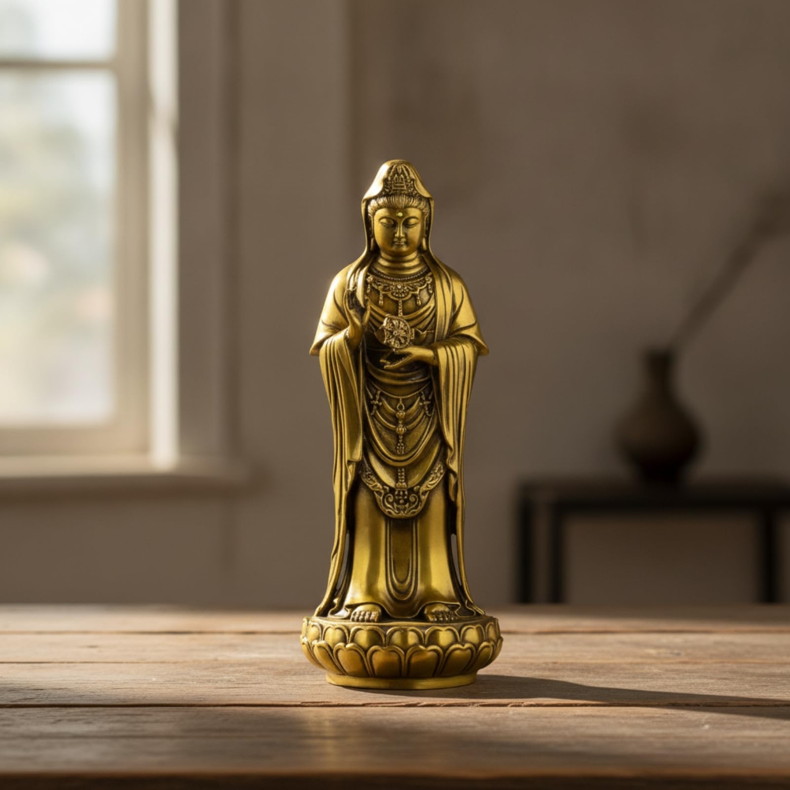 Qianly Estatua Guanyin Tallado Estatua Latón con Base Dorada Figura Buda para Salón, 28cm