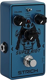 STRICH SUPER RIOT High Gain Distortion Pedal for Electric Guitar, Compact and Mini Design, True Bypass, 3 Control Knobs, Volume, Tone, Gain, Three Modes, Soft, Tense, Normal, 9V DC, Dark Blue