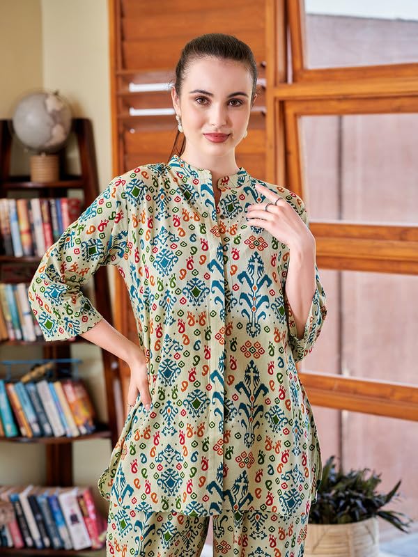 Image of Cotton Relaxed Fit Shirt & Trouser Co-Ord Set for Women |Front Openable Button and 3 /4 Sleeve Shirt |Two Pockets and Elasticated Waist Trouser | Casual Wear and Everyday Wear