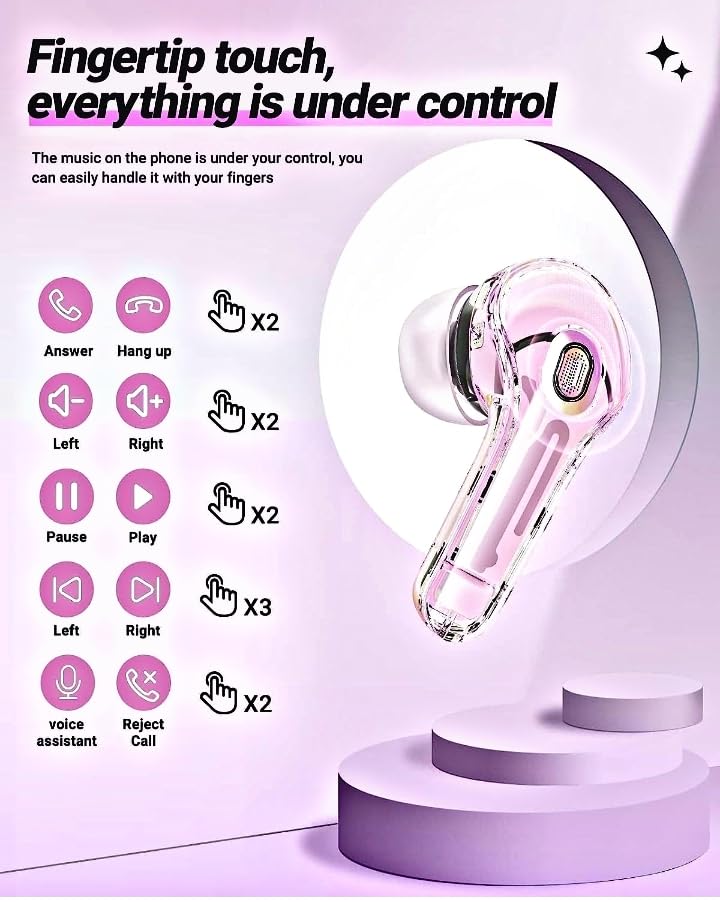 Image of W O Winwon ULTRAPODS PRO (TWS) Earbuds Bluetooth Wireless, Transparent Charging Case, Active Noise Cancellation, LED Digital Display, Bluetooth in-Ear Headphones, Touch Control, Water Resistant(Pink)