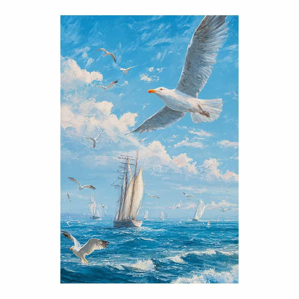 HOQIU Landscape wall art Seagulls & SailBoatss canvas art, art print, house decor, bedroom wall decor above bed, prints for living room.(Multicolor)-60x80cm Unframed