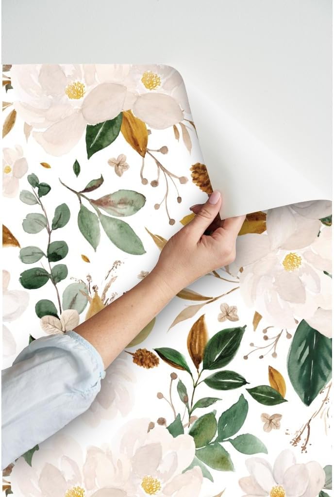 Peel & Stick Wallpaper Swatch - Gold Floral Magnolias Flowers White Custom Removable Wallpaper by Spoonflower
