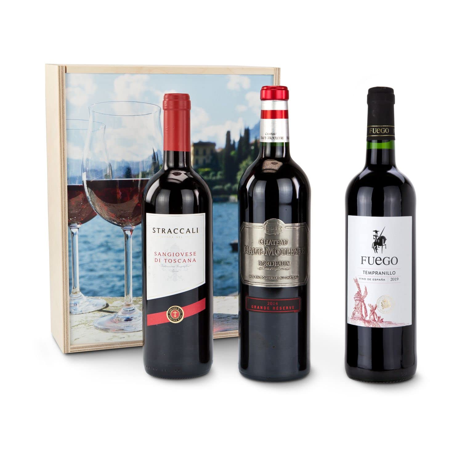 Römer Präsente Geschenkset Mediterrane Weinreise mit 3 Rotweinen: 1 italienischer Sangiovese Toscana, 1 französischer Bordeaux Château Haut- Mouleyre und 1 spanischer Bio Lacruz in Holzbox