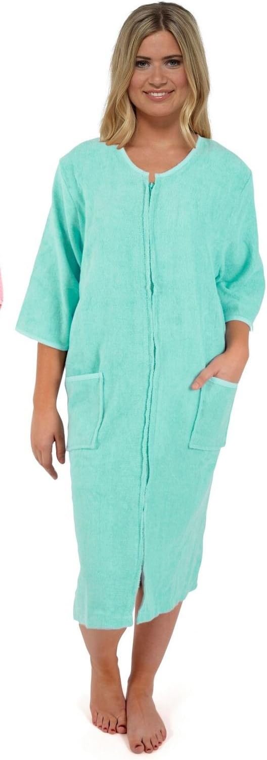Ladies Pure Cotton Zip Through Towelling Dressing Gown by Tom Franks LN728 Mint 8-10