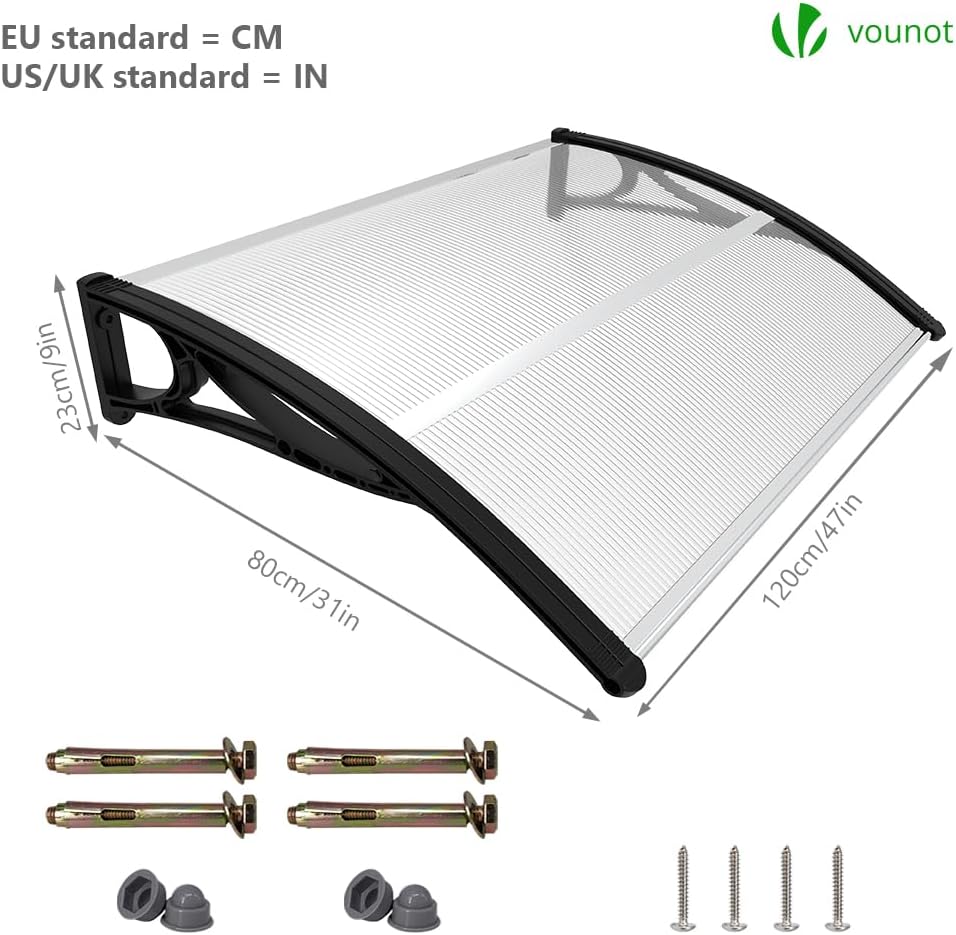 Technical drawing of the VOUNOT Door Awning with dimensions (120cm length, 80cm projection, 23cm height) and included mounting hardware.