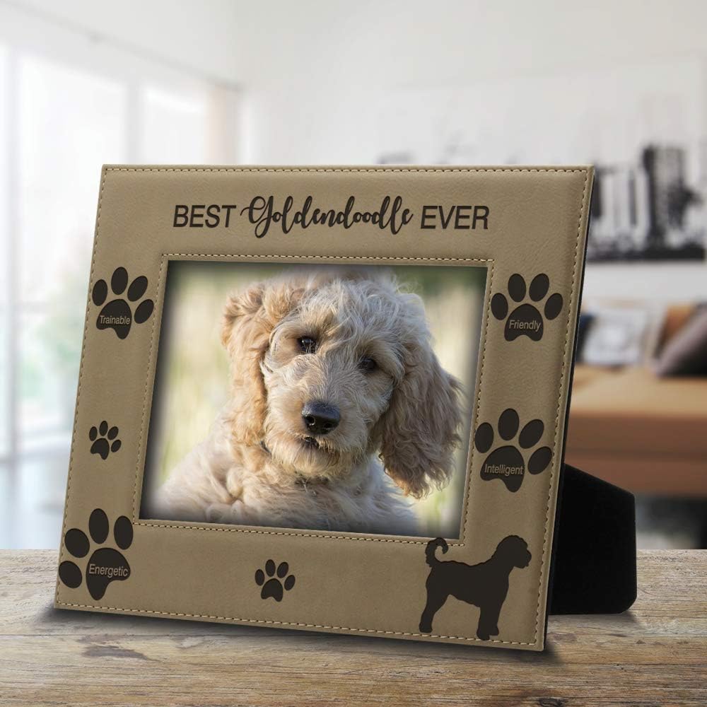 BELLA BUSTA - Best Goldendoodle Ever-Dog Photo Frame-Dog Lover Gift-Engraved Leather Picture Frame (5 x 7 Horizontal)