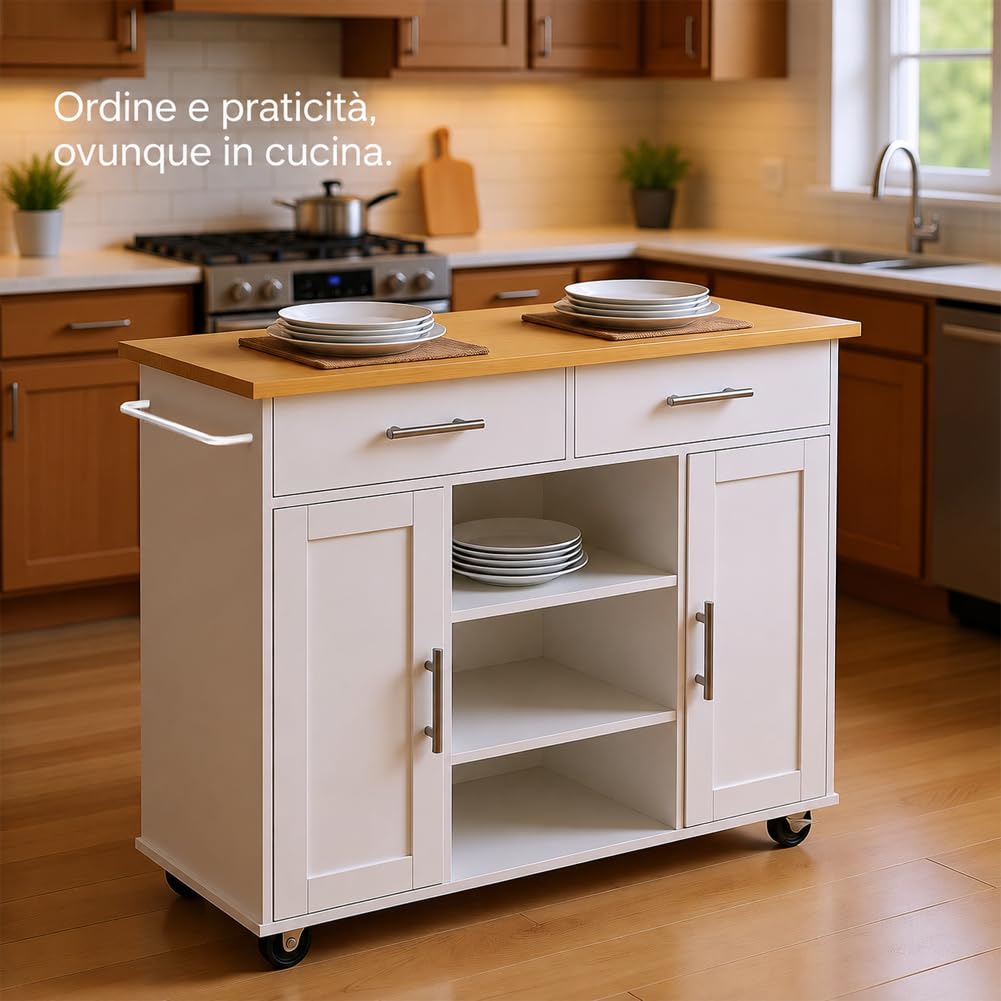 BAKAJI Isola da Cucina con Ruote e Top Quercia, Mobile con Scomparti, Cassetti e Ripiani, Ideale per Stoccaggio e Organizzazione Casa, Carrello Indipendente Salvaspazio 90 x 46 x 100 cm