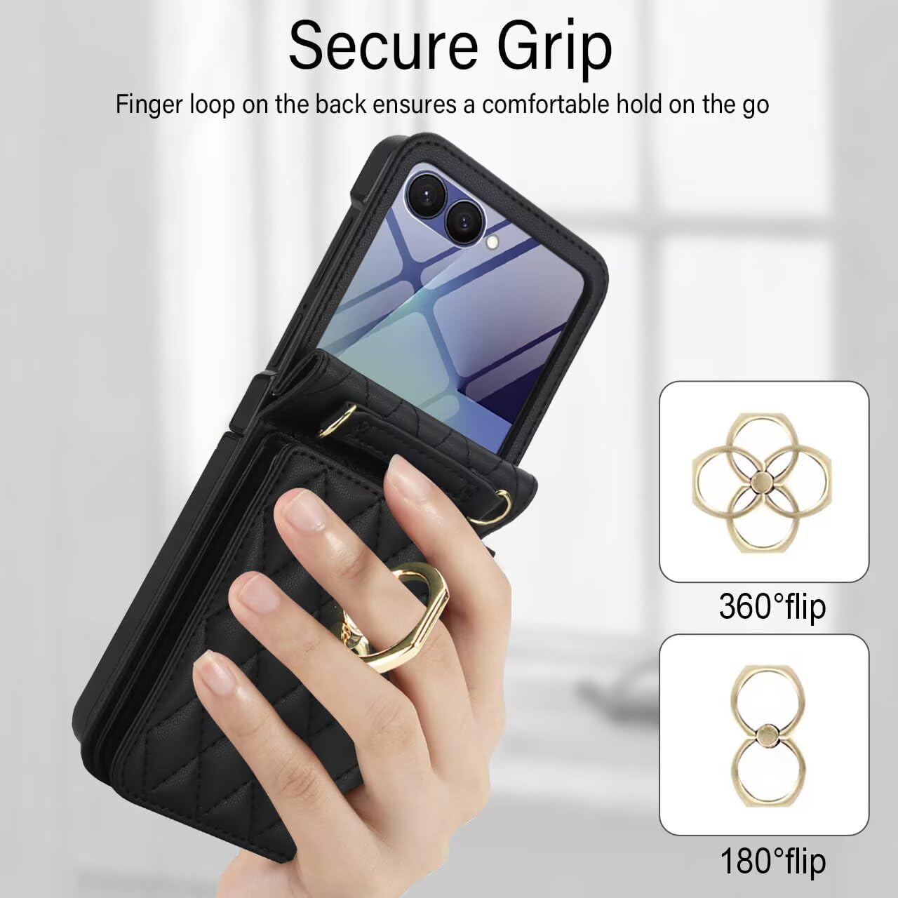 Wallet Phone Case for Samsung Galaxy Z Flip 7 Fashion PU Leather Purse Crossbody Cover with Ring Screen Protector Adjustable Lanyard Card Slot Magnetic Kickstand for Women Girls Black